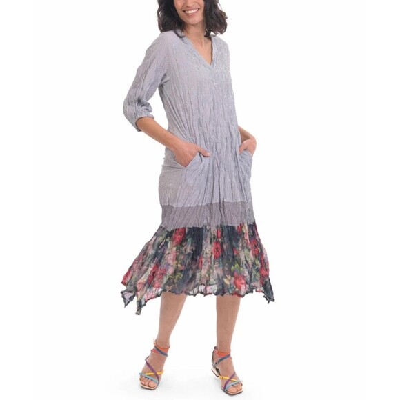 Alembika Alyssa Blue White Midi Dress 6-8 Pinstripe Floral Hem V Neck Flora NWOT - Picture 1 of 16